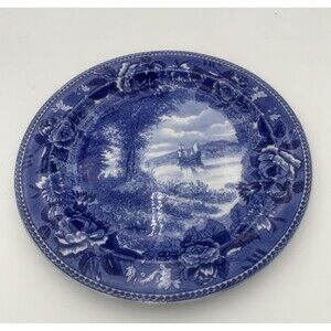 Antique Wedgwood Half Moon On The Hudson New York 9 1/4” Creamware Blue Plate